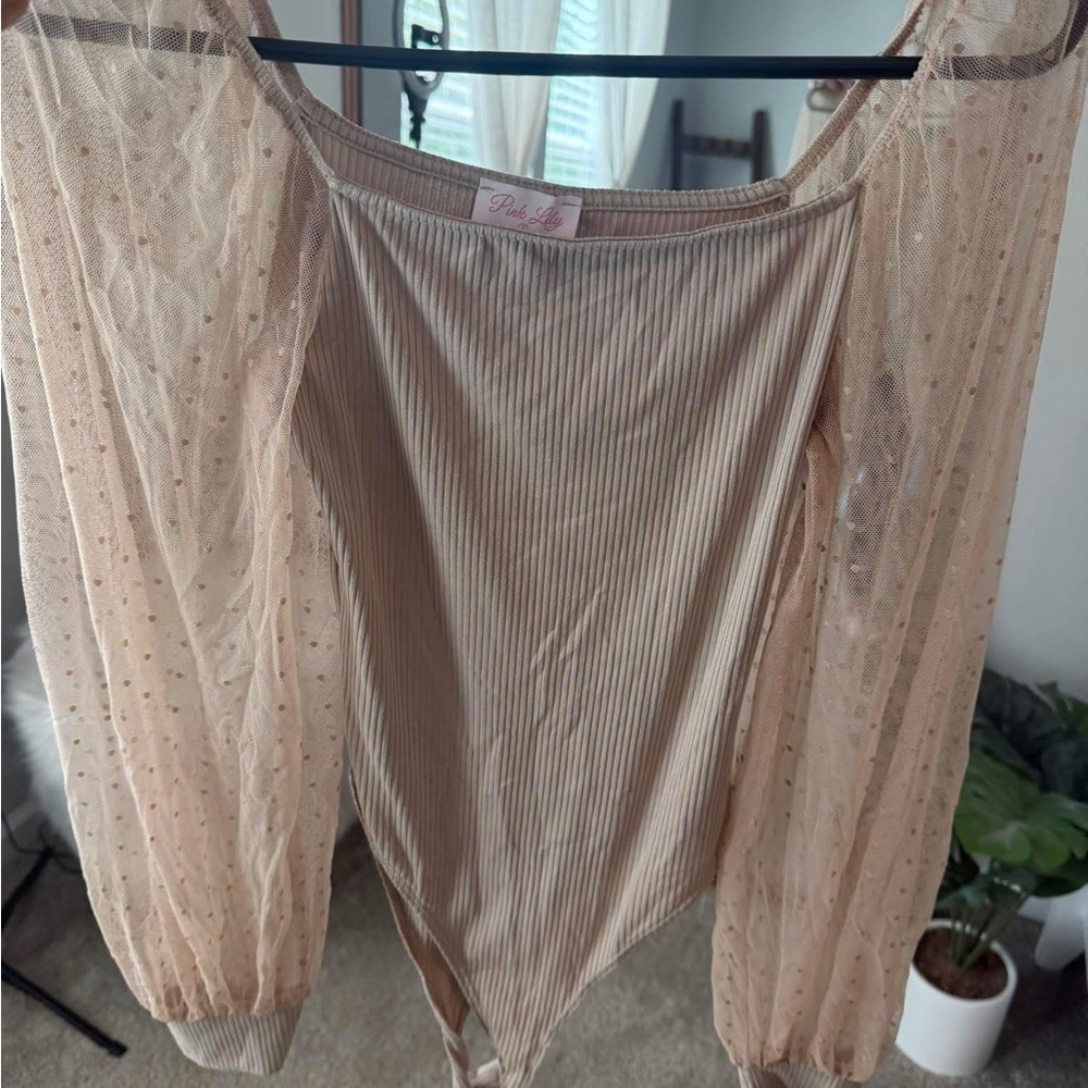 Pink Lily Blush Beige Ribbed Bodysuit with Sheer Puff Sleeves